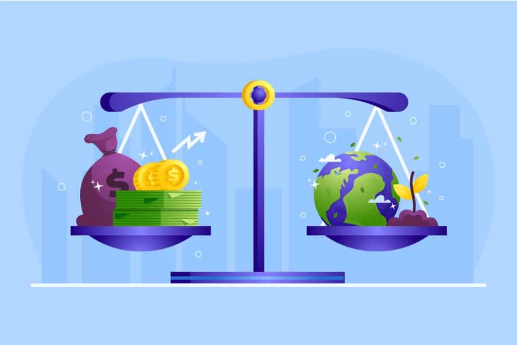 Image showing scales of money on one side and the planet and plants on the other. Representing if a Freeze Dryer is Worth the Cost.